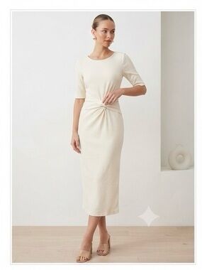 stradivarius Cream Twist-Front Ribbed Midi Dress
